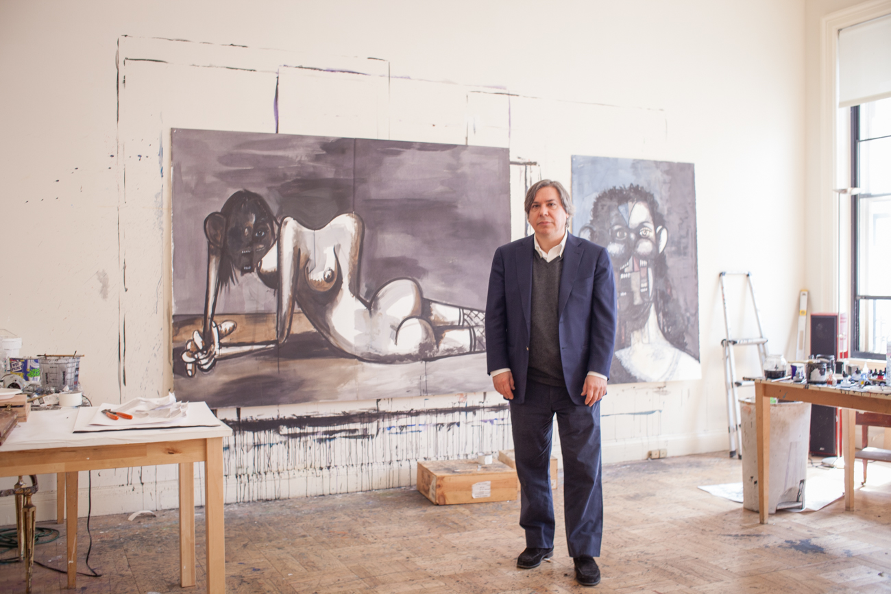 Studio Portraits of Visual Artist Painter George Condo George Condo Portraits in NYC Townhouse Art Studio Paintings of Abstract Disfigured Women